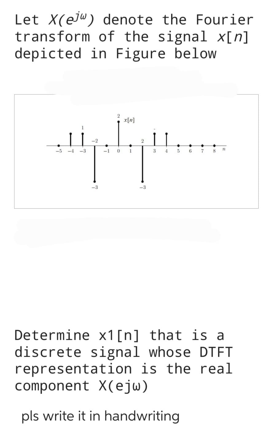 Let X(e) denote the Fourier
transform of the signal x[n]
depicted in Figure below
1
-5 -4 -3
-2
2
x[n]
-1 0 1
2
-3
3 4 5
6
7 8
n
Determine x1[n] that is a
discrete signal whose DTFT
representation is the real
component X(ejw)
pls write it in handwriting