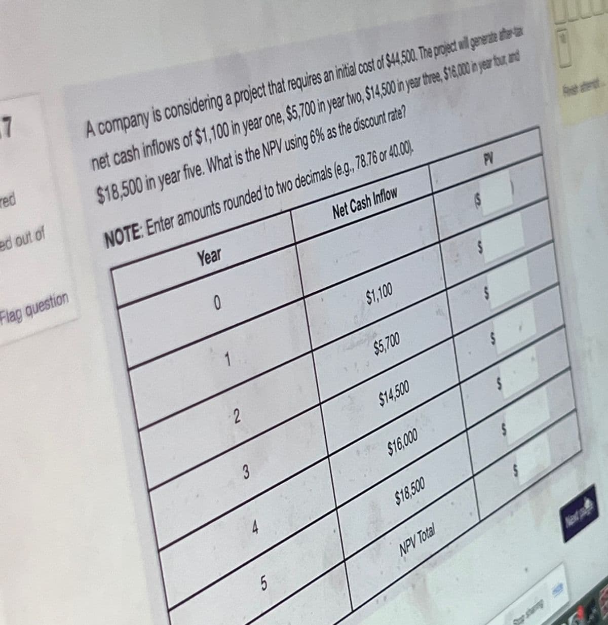 7
red
ed out of
Flag question
A company is considering a project that requires an initial cost of $44,500. The project will generate tra
net cash inflows of $1,100 in year one, $5,700 in year two, $14,500 in year three, $16,000 in year tour and
$18,500 in year five. What is the NPV using 6% as the discount rate?
NOTE: Enter amounts rounded to two decimals (e.g., 78.76 or 40.00)
Year
0
1
2
3
4
5
Net Cash Inflow
$1,100
$5,700
$14.500
$16,000
$18,500
NPV Total
PV
S
$
S
$