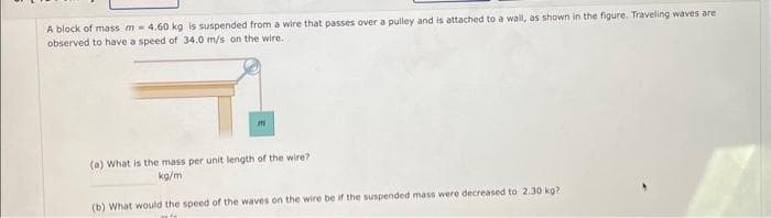 A block of mass m 4.60 kg is suspended from a wire that passes over a pulley and is attached to a wall, as shown in the figure. Traveling waves are
observed to have a speed of 34.0 m/s on the wire.
m
(a) What is the mass per unit length of the wire?
kg/m
(b) What would the speed of the waves on the wire be if the suspended mass were decreased to 2.30 kg?