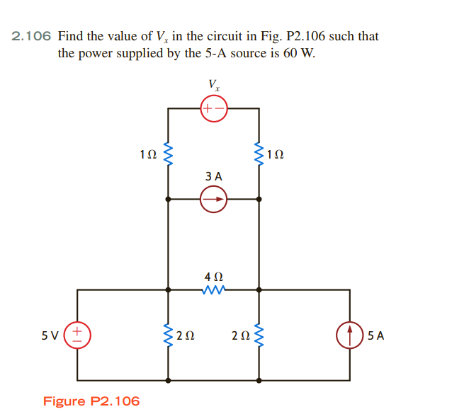 2.106 Find the value of V, in the circuit in Fig. P2.106 such that
the power supplied by the 5-A source is 60 W.
(+-
1Ω
ЗА
5 V (+
5 A
Figure P2.106
2.
