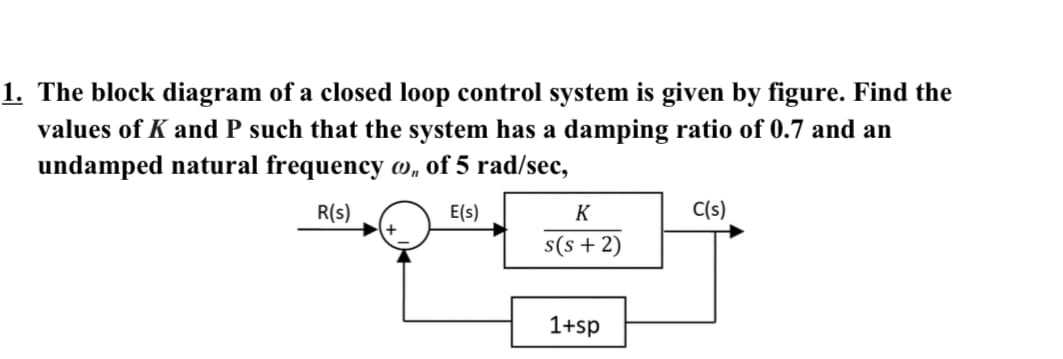 1. The block diagram of a closed loop control system is given by figure. Find the
values of K and P such that the system has a damping ratio of 0.7 and an
undamped natural frequency w, of 5 rad/sec,
R(s)
E(s)
K
C(s)
s(s +2)
1+sp
