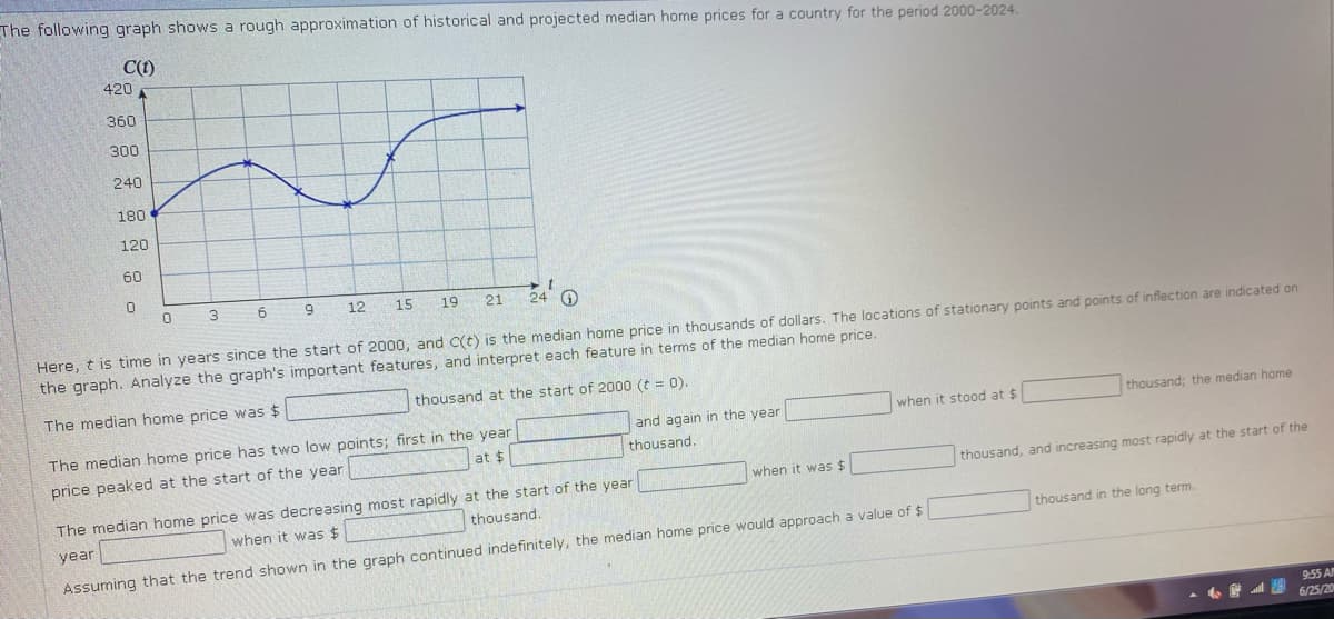 The following graph shows a rough approximation of historical and projected median home prices for a country for the period 2000-2024.
C(1)
420
360
300
240
180
120
60
21 24 O
3
9
12
15
19
Here, t is time in years since the start of 2000, and C(t) is the median home price in thousands of dollars. The locations of stationary points and points of inflection are indicated on
the graph. Analyze the graph's important features, and interpret each feature in terms of the median home price.
The median home price was $
thousand at the start of 2000 (t = 0).
when it stood at $
thousand; the median home
The median home price has two low points; first in the year
at $
and again in the year
thousand.
price peaked at the start of the year
when it was $
thousand, and increasing most rapidly at the start of the
The median home price was decreasing most rapidly at the start of the year
when it was $
thousand.
year
thousand in the long term.
Assuming that the trend shown in the graph continued indefinitely, the median home price would approach a value of $
9:55 AM
6/25/20
