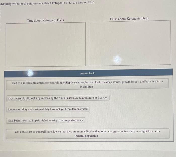 Identify whether the statements about ketogenic diets are true or false.
True about Ketogenic Diets
Answer Bank
used as a medical treatment for controlling epileptic seizures, but can lead to kidney stones, growth issues, and bone fractures
in children
may impose health risks by increasing the risk of cardiovascular disease and cancer
long-term safety and sustainability have not yet been demonstrated
False about Ketogenic Diets
have been shown to impair high-intensity exercise performance
lack consistent or compelling evidence that they are more effective than other energy-reducing diets in weight loss in the
general population