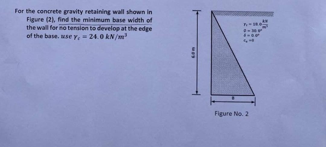 For the concrete gravity retaining wall shown in
Figure (2), find the minimum base width of
the wall for no tension to develop at the edge
of the base. use yc = 24.0 kN/m³
F
6.0 m
B
kN
m³
Yt 18.0-
Ø=30.0°
8 = 0.0⁰
C₁=0
Figure No. 2