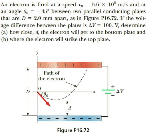 An electron is fired at a speed vo = 5.6 x 10° m/s and at
an angle 6, = -45° between two parallel conducting plates
that are D = 2.0 mm apart, as in Figure P16.72. If the volt-
age difference between the plates is AV = 100. V, determine
(a) how close, d, the electron will get to the bottom plate and
(b) where the electron will strike the top plate.
+ + + + + + + +
Path of
the electron
AV
Figure P16.72
