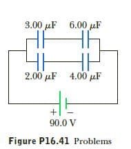 3.00 µF
6.00 µF
2.00 µF
4.00 uF
90.0 V
Figure P16.41 Problems
