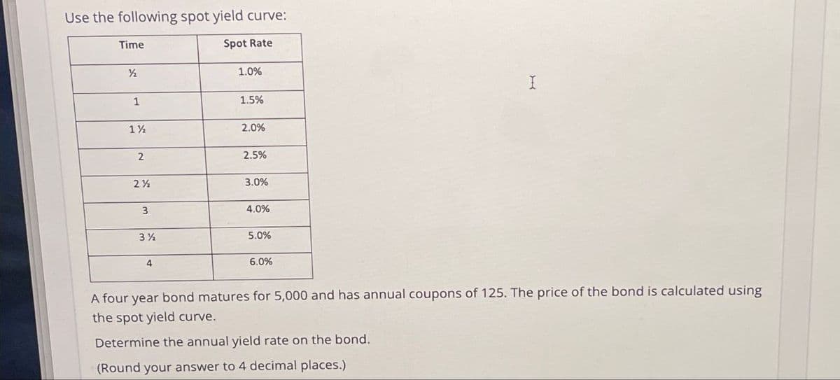 Use the following spot yield curve:
Time
½
Spot Rate
1.0%
I
1
1.5%
1½2
2.0%
2
2.5%
2½
3.0%
3
4.0%
31/2
5.0%
4
6.0%
A four year bond matures for 5,000 and has annual coupons of 125. The price of the bond is calculated using
the spot yield curve.
Determine the annual yield rate on the bond.
(Round your answer to 4 decimal places.)