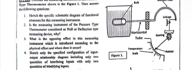 Type Thermometer shown in the Figure 1. Then answer
the following questions:
1. Sketch the specific schematic diagram of functional
elements for this measuring instrument.
2.
Is the measuring instrument of the Pressure Type
Thermometer considered as Null or Deflection type
measuring device, why?
3. What is the opposing effect in this measuring
instrument which is introduced according to the
physical effect and where does it occur?
4. Sketch only the specified configuration of input-
output relationship diagram including only two
quantities of Interfering inputs with only two
quantities of Modifying inputs.
Figure 1.
Bulb
Horizontal
Tube
Temperature
Scale
Linkage
Gearing
Pointer