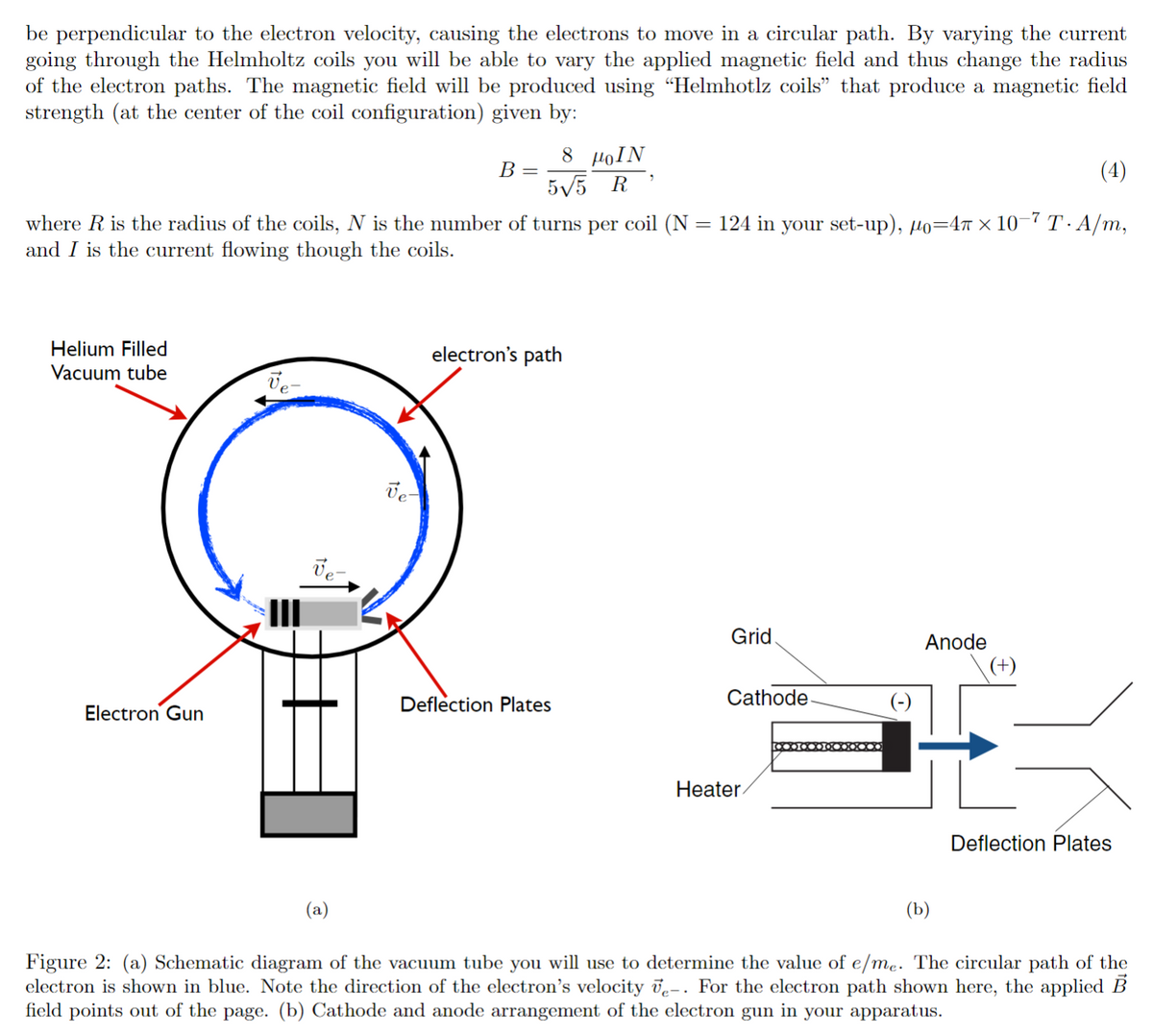 be perpendicular to the electron velocity, causing the electrons to move in a circular path. By varying the current
going through the Helmholtz coils you will be able to vary the applied magnetic field and thus change the radius
of the electron paths. The magnetic field will be produced using "Helmhotlz coils" that produce a magnetic field
strength (at the center of the coil configuration) given by:
(4)
where R is the radius of the coils, N is the number of turns per coil (N = 124 in your set-up), Po=4π × 10-7 T· A/m,
and I is the current flowing though the coils.
Helium Filled
Vacuum tube
Electron Gun
(a)
Ve-
8 POIN
5√5 R
B =
electron's path
Deflection Plates
Grid.
Cathode.
Heater
•●●●●000
Anode
(b)
(+)
Deflection Plates
Figure 2: (a) Schematic diagram of the vacuum tube you will use to determine the value of e/me. The circular path of the
electron is shown in blue. Note the direction of the electron's velocity -. For the electron path shown here, the applied B
field points out of the page. (b) Cathode and anode arrangement of the electron gun in your apparatus.