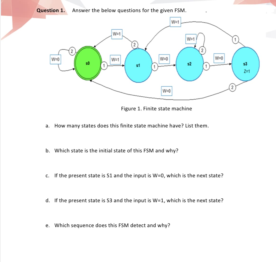 Question 1.
Answer the below questions for the given FSM.
W=1
W=1
W=1
W=0
W=1
W=0
W=0
s3
Z-1
W=0
Figure 1. Finite state machine
а.
How many states does this finite state machine have? List them.
b. Which state is the initial state of this FSM and why?
c. If the present state is S1 and the input is W=0, which is the next state?
d. If the present state is S3 and the input is W=1, which is the next state?
Which sequence does this FSM detect and why?
е.
