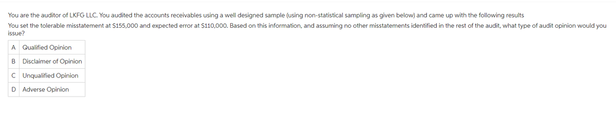 You are the auditor of LKFG LLC. You audited the accounts receivables using a well designed sample (using non-statistical sampling as given below) and came up with the following results
You set the tolerable misstatement at $155,000 and expected error at $110,000. Based on this information, and assuming no other misstatements identified in the rest of the audit, what type of audit opinion would you
issue?
A Qualified Opinion
B Disclaimer of Opinion
C Unqualified Opinion
D Adverse Opinion