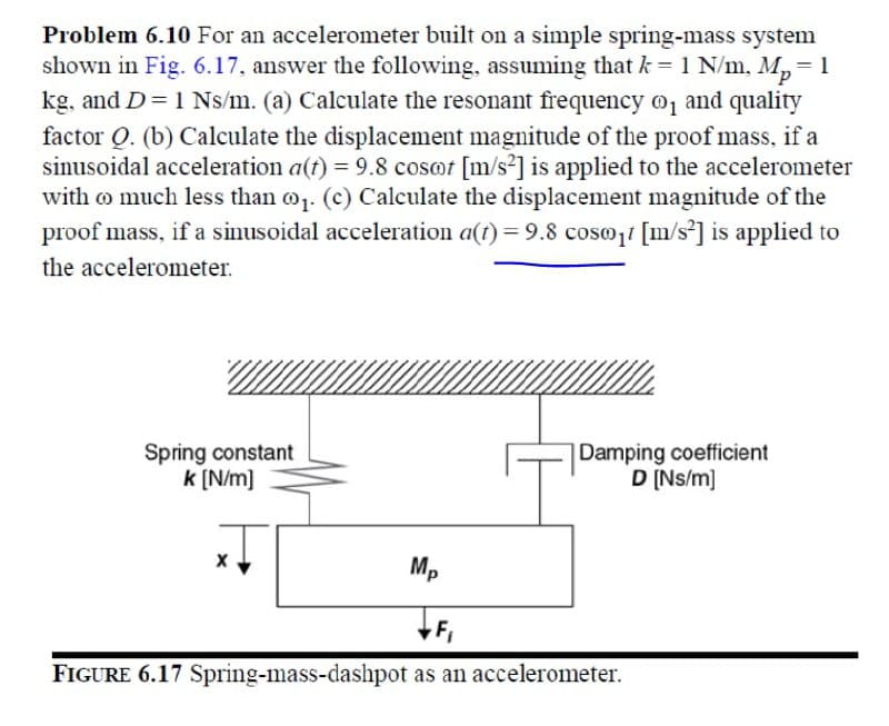 Problem 6.10 For an accelerometer built on a simple spring-mass system
shown in Fig. 6.17, answer the following, assuming that k = 1 N/m, M,= 1
kg, and D= 1 Ns/m. (a) Calculate the resonant frequency o, and quality
factor Q. (b) Calculate the displacement magnitude of the proof mass, if a
sinusoidal acceleration a(t) = 9.8 cosot [m/s?] is applied to the accelerometer
with o much less than o1. (c) Calculate the displacement magnitude of the
proof mass, if a sinusoidal acceleration a(t) = 9.8 cosojf [m/s*] is applied to
the accelerometer.
Spring constant
k (N/m]
|Damping coefficient
D (Ns/m]
Mp
FIGURE 6.17 Spring-mass-dashpot as an accelerometer.
