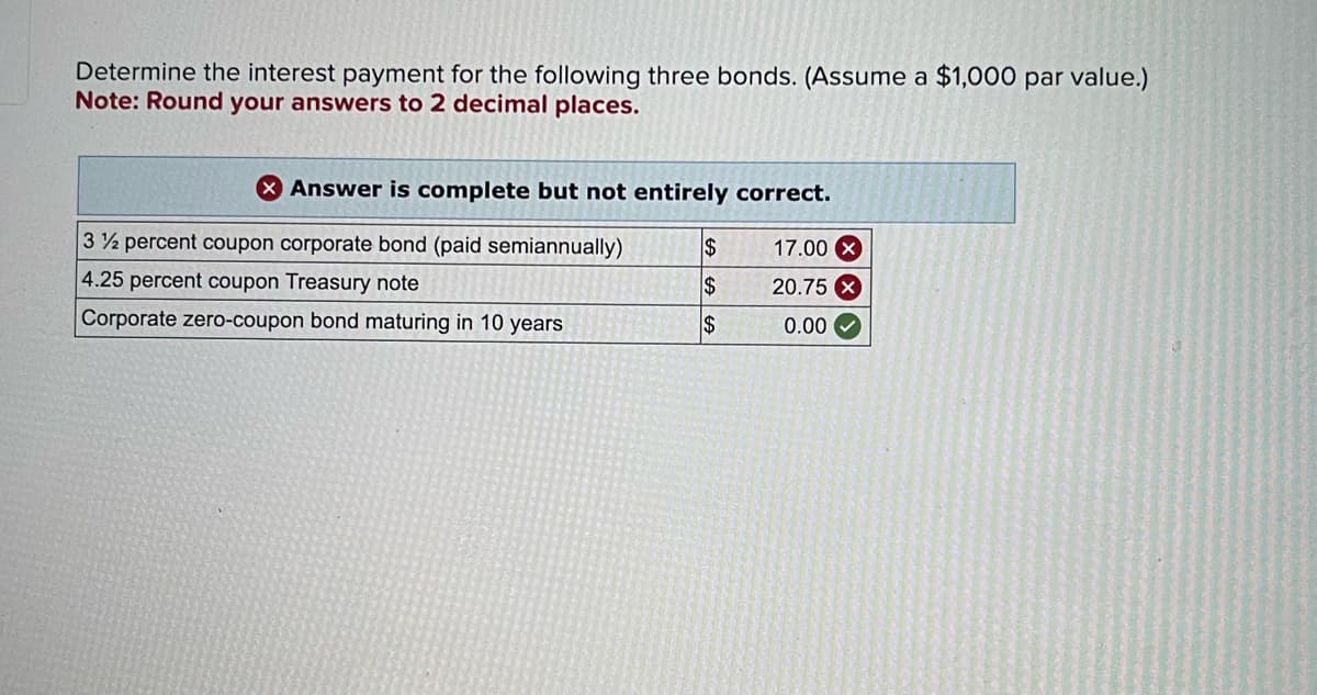 Determine the interest payment for the following three bonds. (Assume a $1,000 par value.)
Note: Round your answers to 2 decimal places.
Answer is complete but not entirely correct.
3½ percent coupon corporate bond (paid semiannually)
4.25 percent coupon Treasury note
Corporate zero-coupon bond maturing in 10 years
$
$
$
17.00 X
20.75
0.00