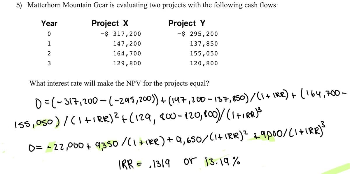 5) Matterhorn Mountain Gear is evaluating two projects with the following cash flows:
Year
0
1
2
3
Project X
-$ 317,200
147,200
164,700
129,800
Project Y
-$295,200
137,850
155,050
120,800
What interest rate will make the NPV for the projects equal?
|=(-317,200-(-295,200)) + (147,200-137,850)/(1+ IRR) + (164,700-
155,050) / (1 + 1 RR)² + (129, 800-120,800)/ (1 +1RR)³
-
0 = = 22,000 + 9,350 / (1+IRR) + 9,650/(1+ IRR)² +9,000/(1+IRR) ³
IRR = .1319 or 13.19%