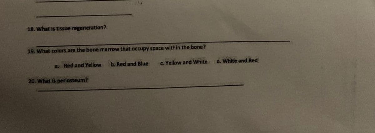 18. What is tissue regeneration?
19. What colors are the bone marrow that occupy space within the bone?
a. Red and Yellow b. Red and Blue
20. What is periosteum?
c. Yellow and White
d. White and Red