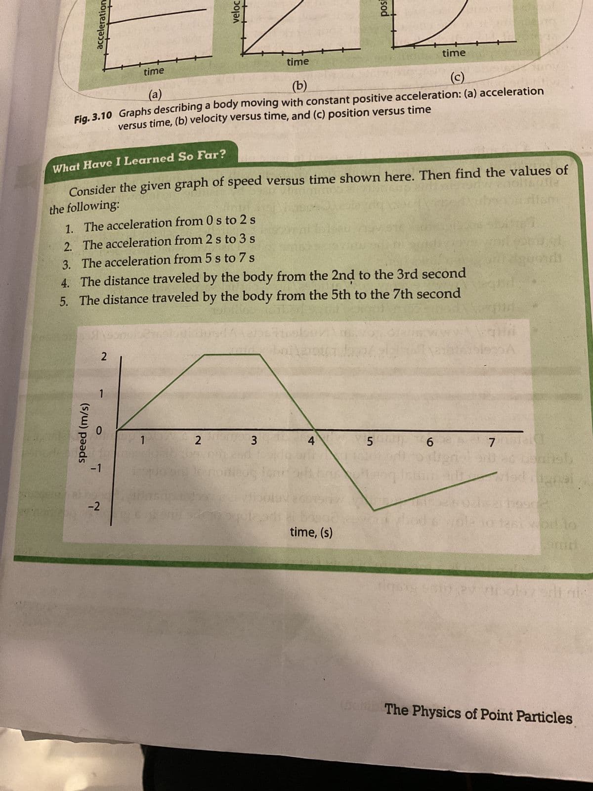 acceleration
++++
time
(a)
(b)
(c)
Fig. 3.10 Graphs describing a body moving with constant positive acceleration: (a) acceleration
versus time, (b) velocity versus time, and (c) position versus time
speed (m/s)
What Have I Learned So Far?
Consider the given graph of speed versus time shown here. Then find the values of
the following:
1
1. The acceleration from 0 s to 2 s
2.
The acceleration from 2 s to 3 s
3.
The acceleration from 5 s to 7 s
4.
The distance traveled by the body from the 2nd to the 3rd second
5. The distance traveled by the body from the 5th to the 7th second
2
0
-1
veloci
-2
momen
time
1 2 3
posi
bado 30.20
onit
4
time, (s)
5
time
6
Or
[16]
Menin
qui
grovdi
7 Moleto
obsaheb
Mied (20
od s volano tesi vor to
szli nie
The Physics of Point Particles