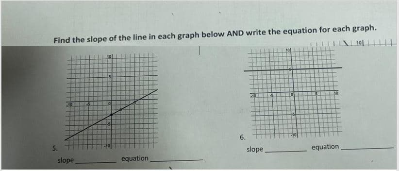Find the slope of the line in each graph below AND write the equation for each graph.
101
5.
-10
slope
15
10
-5
LO
equation
6.
-10
slope
-5
101
LO
5
10
equation