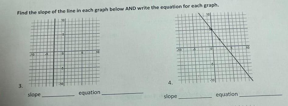 Find the slope of the line in each graph below AND write the equation for each graph.
3.
-10
slope
-$
10
5
10
-5
5
10
equation
4.
-10
slope
-5
10
10
-5
equation
10