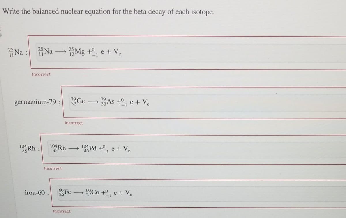 Write the balanced nuclear equation for the beta decay of each isotope.
25
Na : Na
25
11
Incorrect
germanium-79:
104 Rh:
45
-> 25 Mg + e + Ve
iron-60:
104
Incorrect
45 Rh
60
26
19 Ge
79
32 → 33 As +º₁ e + Ve
-1
Incorrect
Incorrect
104Pd+º₁ e + Ve
46
60
Co + e + Ve