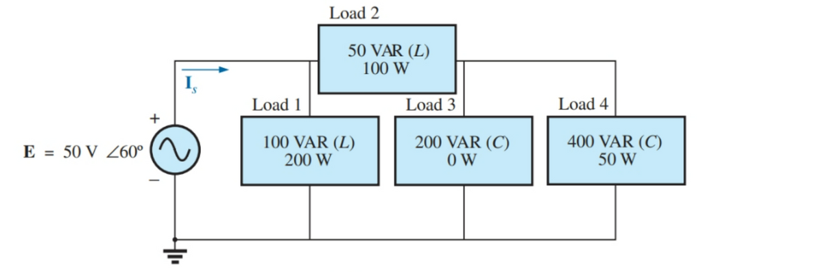 E
=
= 50 V 260°
Load 1
Load 2
50 VAR (L)
100 W
100 VAR (L)
200 W
Load 3
200 VAR (C)
OW
Load 4
400 VAR (C)
50 W