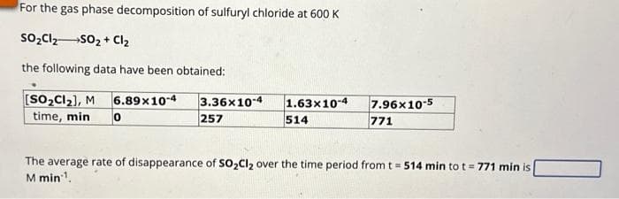 For the gas phase decomposition of sulfuryl chloride at 600 K
SO₂Cl₂ →SO₂+ Cl₂
the following data have been obtained:
[SO₂Cl₂], M 6.89x10-4
time, min
3.36x10-4 1.63x10-4
257
514
7.96x10-5
771
The average rate of disappearance of SO₂Cl₂ over the time period from t = 514 min to t = 771 min is
M min¹.