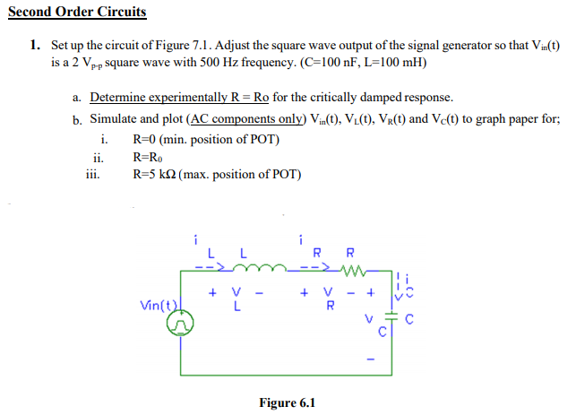 Second Order Circuits
1. Set up the circuit of Figure 7.1. Adjust the square wave output of the signal generator so that Via(t)
is a 2 Vpp square wave with 500 Hz frequency. (C=100 nF, L=100 mH)
a. Determine experimentally R = Ro for the critically damped response.
b. Simulate and plot (AC components only) Vin(t), VL(t), Vr(t) and Vc(t) to graph paper for;
i. R=0 (min. position of POT)
ii.
R=Ro
ii.
R=5 k2 (max. position of POT)
L L
R
V
+
Vin(t)
V
R
L
Figure 6.1
+
