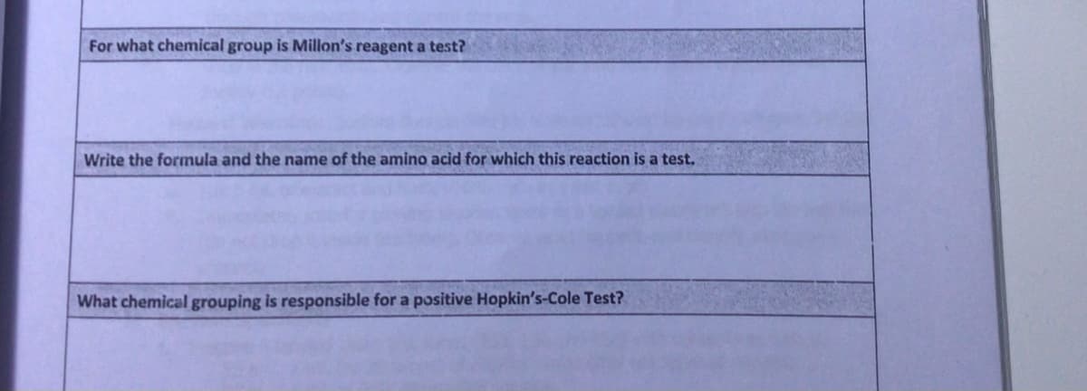 For what chemical group is Millon's reagent a test?
Write the formula and the name of the amino acid for which this reaction is a test.
What chemical grouping is responsible for a positive Hopkin's-Cole Test?