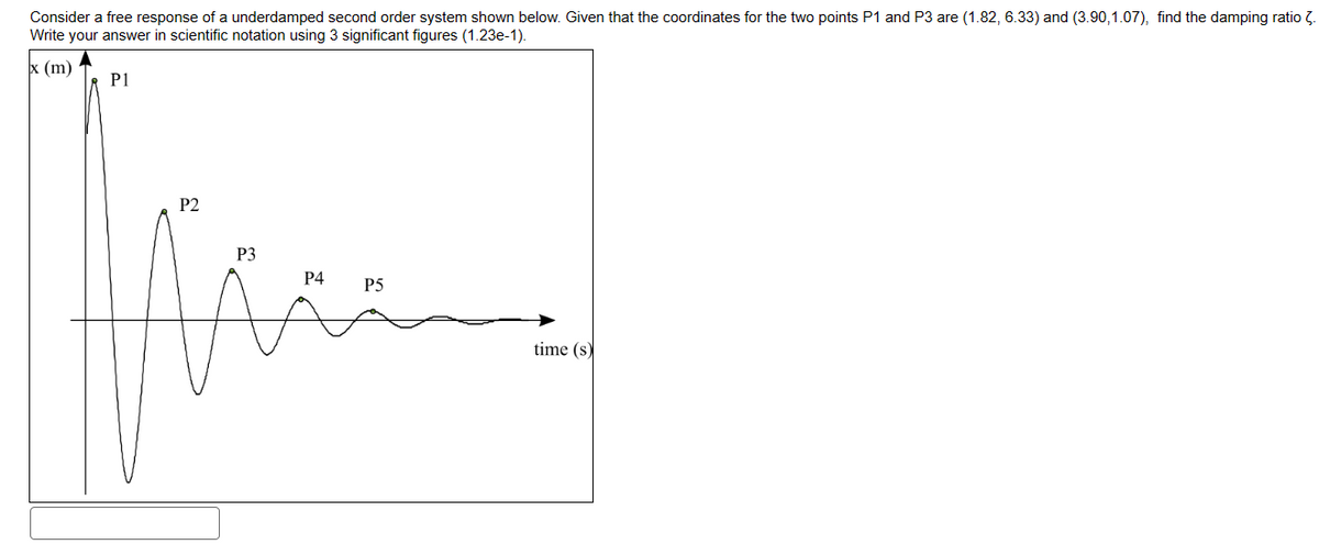 Consider a free response of a underdamped second order system shown below. Given that the coordinates for the two points P1 and P3 are (1.82, 6.33) and (3.90,1.07), find the damping ratio ?.
Write your answer in scientific notation using 3 significant figures (1.23e-1).
x (m)
P1
P2
P3
P4
P5
time (s)