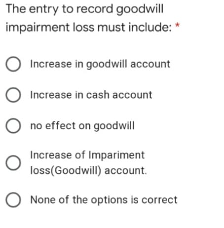 The entry to record goodwill
impairment loss must include: *
Increase in goodwill account
Increase in cash account
no effect on goodwill
Increase of Impariment
loss(Goodwill) account.
None of the options is correct
оОо о
