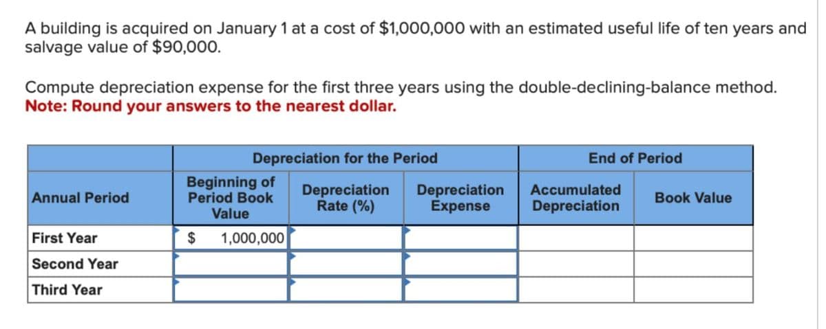 A building is acquired on January 1 at a cost of $1,000,000 with an estimated useful life of ten years and
salvage value of $90,000.
Compute depreciation expense for the first three years using the double-declining-balance method.
Note: Round your answers to the nearest dollar.
Annual Period
First Year
Second Year
Third Year
Depreciation for the Period
Depreciation
Rate (%)
Beginning of
Period Book
Value
$ 1,000,000
Depreciation
Expense
End of Period
Accumulated
Depreciation
Book Value