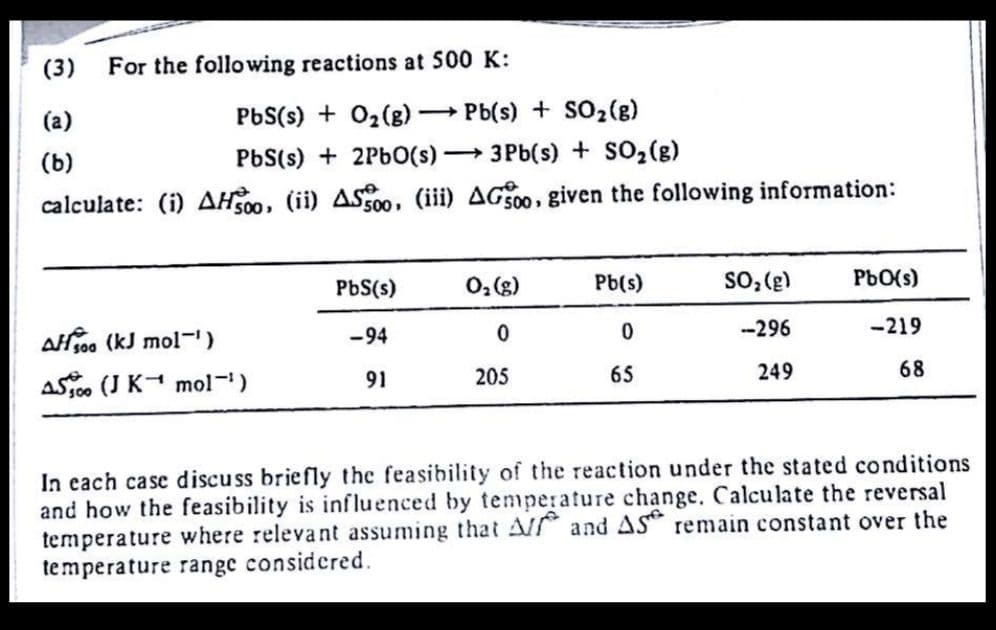 (3)
For the following reactions at 500 K:
(a)
PbS(s) + 02(g) Pb(s) + S02(8)
(b)
PbS(s) + 2P6O(s)
→ 3Pb(s) + SO2(g)
calculate: (i) AH00, (ii) AS0, (iii) AG500, given the following information:
PbS(s)
0,(8)
Pb(s)
SO, (g)
PbO(s)
-296
-219
Afjo. (kJ mol-)
-94
AS0. (J K- mol-)
205
65
249
68
91
s00
In each case discuss briefly the feasibility of the reaction under the stated conditions
and how the feasibility is influenced by temperature change. Calculate the reversal
temperature where relevant assuming that Al and AS remain constant over the
temperature range considered.
