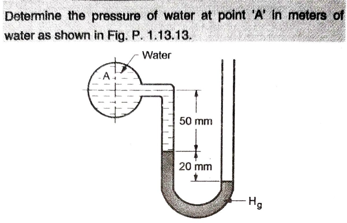 Determine the pressure of water at point 'A' in meters of
water as shown in Fig. P. 1.13.13.
Water
A.
50 mm
20 mm
Hg
