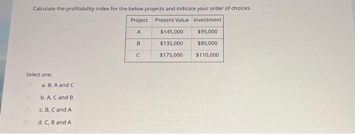 Calculate the profitability index for the below projects and indicate your order of choices.
Project
Present Value Investment
A
$145,000
$95,000
$135,000
$80,000
$175,000 $110,000
Select one:
a. B, A and C
b.
A, C and B
c.
B, C and A
d. C, B and A
B
с