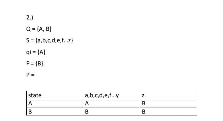 2.)
Q = {A, B}
S = {a,b,c,d,e,f...z}
qi = {A}
F = {B}
P =
state
A
B
a,b,c,d,e,f...y
A
B
28
B
B
