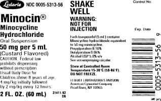 Lederle NDC 0005-5313-56
MinocinⓇ
Minocycline
Hydrochloride
Oral Suspension
50 mg per 5 ml
Custard Flavored)
CAUTION: Federal law
prohibits dispensing
without prescription.
Usual Daily Dose for
Children above B years of age.
4 mg/kg initially followed
by 2 mg/kg every 12 hours.
2 FL. OZ. (60 mL) 21411-2
06
SHAKE
WELL
WARNING:
NOT FOR
INJECTION
Fachtaspoon (5 ml) contains
Minocycline hydrochloride equivalent
to 50 mg minocycline.
Propylparabe 0.10%
Butylparaben 0.06%
AUSP 5.0% w/v
Se acompanying circ
Store at Controlled Room
Temperatur 15-30°C (59-86°F).
DO NOT FREEZE.
LABORATORIES VISION
Company
Anca Cy
Pead Hits, NY 10965
Control No.
Exp. Doto
0005-5313-56