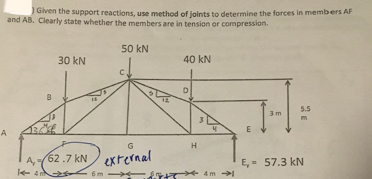 A
) Given the support reactions, use method of joints to determine the forces in members AF
and AB. Clearly state whether the members are in tension or compression.
B
3
13666
30 kN
12
|< 4m →→S
-
S
G
A₁-(62.7 kN external
50 kN
6 m
12
40 kN
D
H
3
4
6m 4m →1
E
3m
5.5
E = 57.3 kN