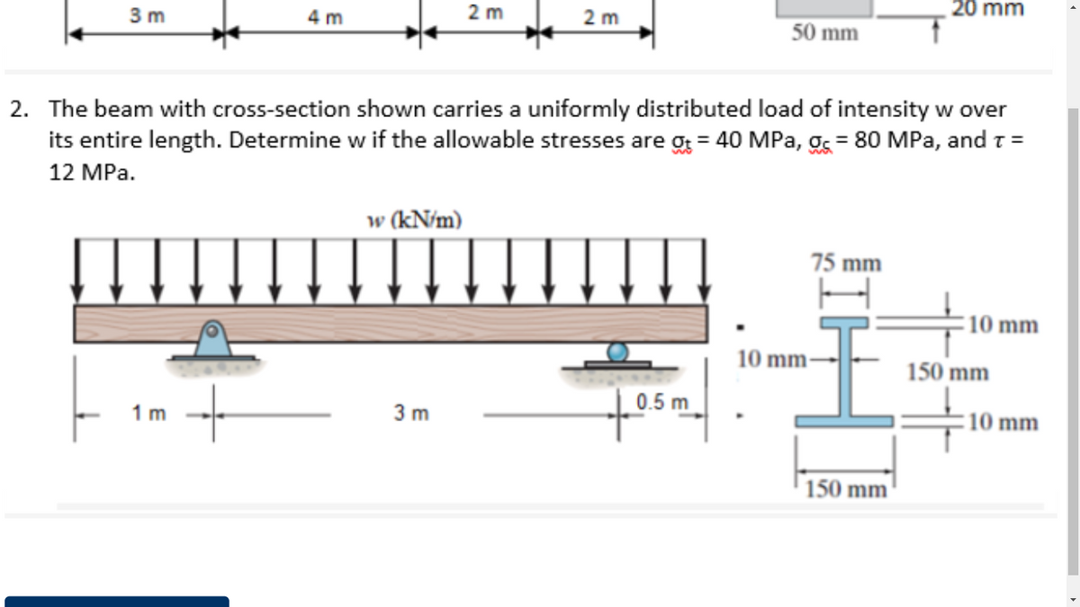 3 m
4 m
2 m
2 m
20 mm
50 mm
2. The beam with cross-section shown carries a uniformly distributed load of intensity w over
its entire length. Determine w if the allowable stresses are g = 40 MPa, g = 80 MPa, and 7 =
12 MPa.
w (kN/m)
75 mm
10 mm
10 mm-
150 mm
st
1 m
0.5 m
3 m
:10 mm
150 mm'
