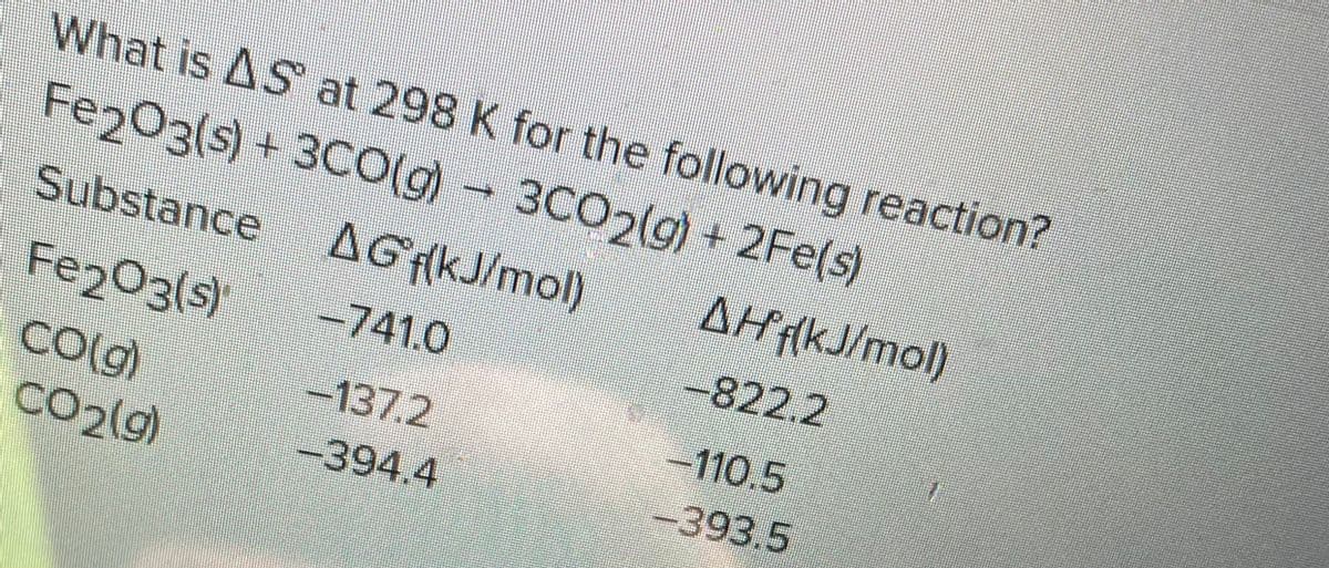 What is AS at 298 K for the following reaction?
Fe2O3(s) + 3CO(g)
3CO2(g) + 2Fe(s)
Substance
Fe2O3(s)
CO(g)
CO2(g)
AG(kJ/mol)
-741.0
-137.2
-394.4
AHf(kJ/mol)
-822.2
-110.5
-393.5