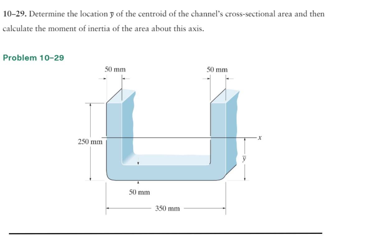 10-29. Determine the location y of the centroid of the channel's cross-sectional area and then
calculate the moment of inertia of the area about this axis.
Problem 10-29
250 mm
50 mm
50 mm
350 mm
50 mm
X