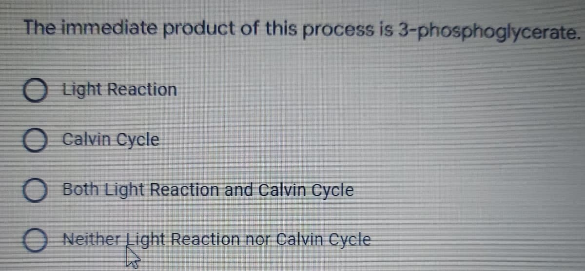 The immediate product of this process is 3-phosphoglycerate.
Light Reaction
Calvin Cycle
Both Light Reaction and Calvin Cycle
Neither Light Reaction nor Calvin Cycle
