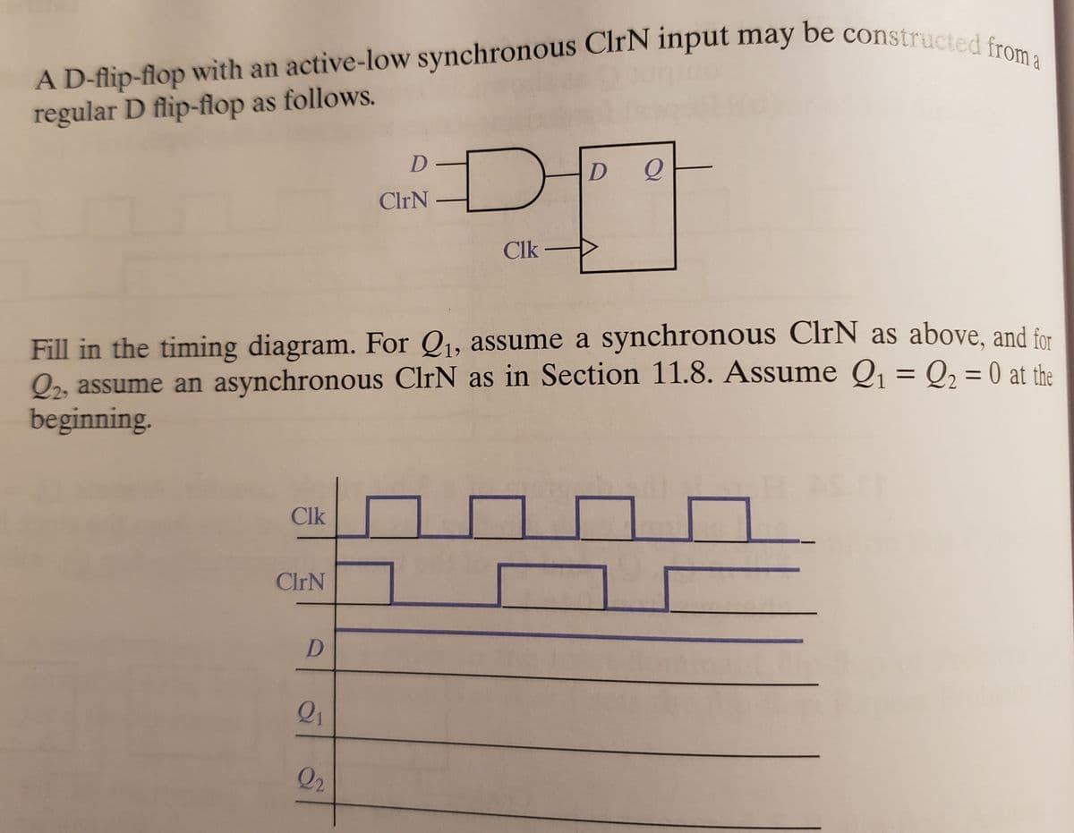 A D-flip-flop with an active-low synchronous ClrN input may be constructed from a
A D-flip-flop with an active-low synchronous ClrN input may be constructed f
regular D flip-flop as follows.
D-
ClrN
Clk
Fill in the timing diagram. For Q1, assume a synchronous ClrN as above, and for
Q2, assume an asynchronous ClrN as in Section 11.8. Assume Q, = Q, = 0 at the
beginning.
%3D
Clk
ClrN
Q2
