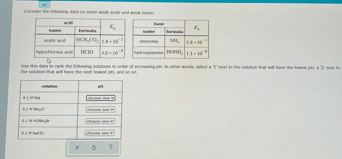 Consider the following data on some weak acids and weak bases:
0.1 M NaI
name
acetic acid
solution
0.1 M NH4Cl
0.1 M NaClo
acid
0.1 M HONH3Br
formula
HCH₂CO₂ 1.8 x 10
X
HCIO
hypochlorous acid
☆
Use this data to rank the following solutions in order of increasing pH. In other words, select a '1' next to the solution that will have the lowest pH, a '2' next to
the solution that will have the next lowest pH, and so on.
3.0 × 10
PH
Ka
choose one ✓
choose one
choose one
5
choose one
-5
?
-8
base
name
formula
NH₂
hydroxylamine HONH₂ 1.1 x 107
K₂
ammonia
1.8 x 10