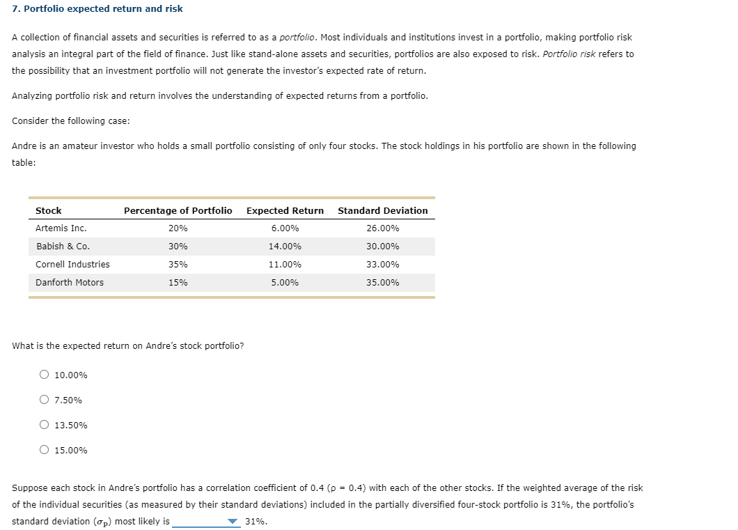 7. Portfolio expected return and risk
A collection of financial assets and securities is referred to as a portfolio. Most individuals and institutions invest in a portfolio, making portfolio risk
analysis an integral part of the field of finance. Just like stand-alone assets and securities, portfolios are also exposed to risk. Portfolio risk refers to
the possibility that an investment portfolio will not generate the investor's expected rate of return.
Analyzing portfolio risk and return involves the understanding of expected returns from a portfolio.
Consider the following case:
Andre is an amateur investor who holds a small portfolio consisting of only four stocks. The stock holdings in his portfolio are shown in the following
table:
Stock
Artemis Inc.
Babish & Co.
Cornell Industries
Danforth Motors
O 10.00%
What is the expected return on Andre's stock portfolio?
O 7.50%
O 13.50%
Percentage of Portfolio
20%
30%
35%
O 15.00%
15%
Expected Return Standard Deviation
6.00%
14.00%
11.00%
5.00%
26.00%
30.00%
33.00%
35.00%
Suppose each stock in Andre's portfolio has a correlation coefficient of 0.4 (p = 0.4) with each of the other stocks. If the weighted average of the risk
of the individual securities (as measured by their standard deviations) included in the partially diversified four-stock portfolio is 31%, the portfolio's
standard deviation (p) most likely is
▼ 31%.