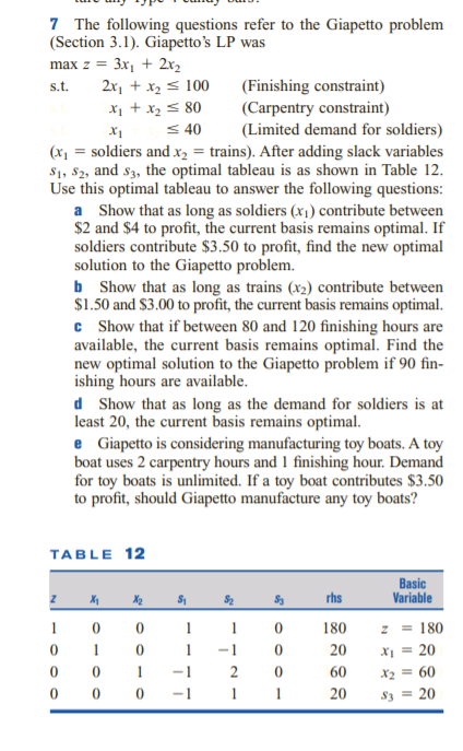 7 The following questions refer to the Giapetto problem
(Section 3.1). Giapetto's LP was
max z =
3x, + 2x2
2x, + x2 < 100
X, + x2 < 80
< 40
(Finishing constraint)
(Carpentry constraint)
(Limited demand for soldiers)
st.
(x, = soldiers and x2 = trains). After adding slack variables
S1, 82, and s3, the optimal tableau is as shown in Table 12.
Use this optimal tableau to answer the following questions:
a Show that as long as soldiers (x1) contribute between
$2 and $4 to profit, the current basis remains optimal. If
soldiers contribute $3.50 to profit, find the new optimal
solution to the Giapetto problem.
b Show that as long as trains (x2) contribute between
$1.50 and $3.00 to profit, the current basis remains optimal.
c Show that if between 80 and 120 finishing hours are
available, the current basis remains optimal. Find the
new optimal solution to the Giapetto problem if 90 fin-
ishing hours are available.
d Show that as long as the demand for soldiers is at
least 20, the current basis remains optimal.
e Giapetto is considering manufacturing toy boats. A toy
boat uses 2 carpentry hours and 1 finishing hour. Demand
for toy boats is unlimited. If a toy boat contributes $3.50
to profit, should Giapetto manufacture any toy boats?
TABLE 12
Basic
Variable
rhs
1
1
180
z = 180
1
-1
20
X1 = 20
1
-1
60
X2 = 60
-1
20
S3 = 20

