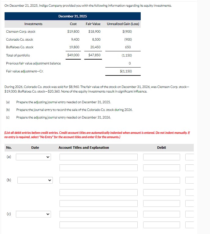 On December 21, 2025, Indigo Company provided you with the following information regarding its equity investments.
December 31, 2025
Investments
Cost
Fair Value
Unrealized Gain (Loss)
Clemson Corp. stock
$19,800
$18,900
$(900)
Colorado Co. stock
9,400
8,500
(900)
Buffaloes Co. stock
19,800
20,450
650
Total of portfolio
$49,000
$47,850
(1,150)
Previous fair value adjustment balance
0
Fair value adjustment-Cr.
$(1,150)
During 2026, Colorado Co. stock was sold for $8,960. The fair value of the stock on December 31, 2026, was Clemson Corp. stock-
$19,000; Buffaloes Co. stock-$20,360. None of the equity investments result in significant influence.
(a) Prepare the adjusting journal entry needed on December 31, 2025.
(b)
Prepare the journal entry to record the sale of the Colorado Co. stock during 2026.
(c)
Prepare the adjusting journal entry needed on December 31, 2026.
(List all debit entries before credit entries. Credit account titles are automatically indented when amount is entered. Do not indent manually. If
no entry is required, select "No Entry" for the account titles and enter O for the amounts.)
No.
Date
(a)
(b)
(c)
Account Titles and Explanation
Debit