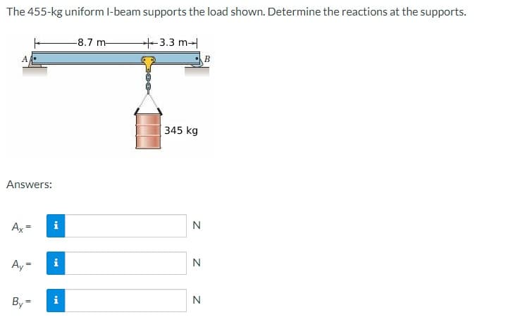The 455-kg uniform I-beam supports the load shown. Determine the reactions at the supports.
-8.7 m-
+3.3 m
B
Answers:
Ax-
Ay =
By=
i
345 kg
N
N
N
