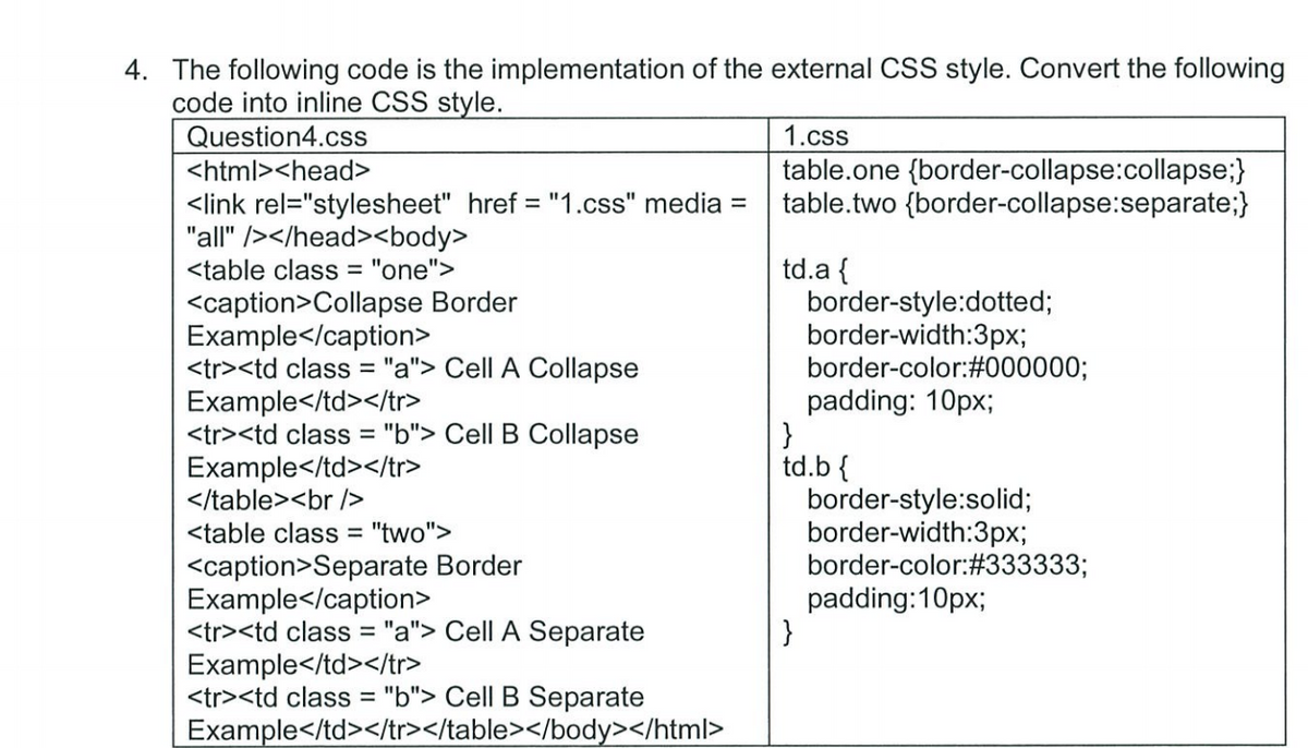 4. The following code is the implementation of the external CSS style. Convert the following
code into inline CSS style.
Question4.css
<html> <head>
<link rel="stylesheet" href="1.css" media=
"all" /></head> <body>
<table class = "one">
<caption>Collapse Border
Example</caption>
<tr><td class="a"> Cell A Collapse
Example</td></tr>
<tr><td class="b"> Cell B Collapse
Example</td></tr>
</table><br />
<table class="two">
<caption>Separate Border
Example</caption>
<tr><td class="a"> Cell A Separate
Example</td></tr>
<tr><td class="b"> Cell B Separate
Example</td></tr></table></body></html>
1.css
table.one
{border-collapse:collapse;}
table.two {border-collapse:separate;}
td.a{
border-style:dotted;
border-width:3px;
}
border-color:#000000;
padding: 10px;
}
td.b {
border-style:solid;
border-width:3px;
border-color: #333333;
padding:10px;