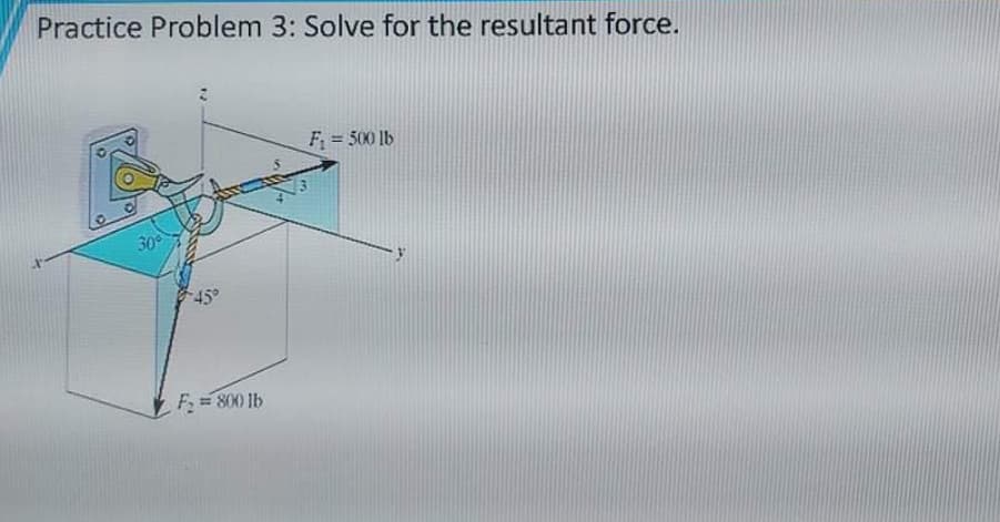 Practice Problem 3: Solve for the resultant force.
F = 500 lb
30
45°
F= 800 lb
