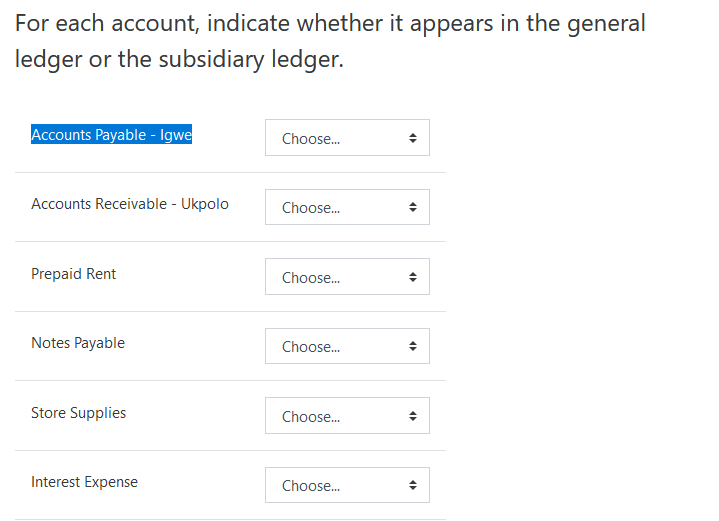 For each account, indicate whether it appears in the general
ledger or the subsidiary ledger.
Accounts Payable - Igwe
Choose.
Accounts Receivable - Ukpolo
Choose.
Prepaid Rent
Choose.
Notes Payable
Choose.
Store Supplies
Choose.
Interest Expense
Choose.
