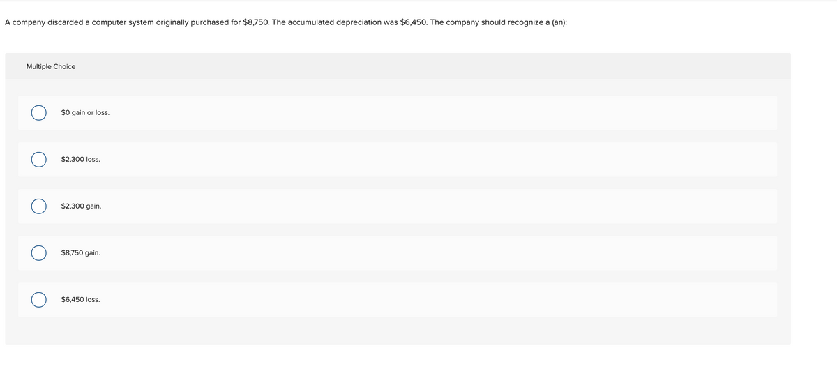 A company discarded a computer system originally purchased for $8,750. The accumulated depreciation was $6,450. The company should recognize a (an):
Multiple Choice
$0 gain or loss.
$2,300 lo
$2,300 gain.
$8,750 gain.
$6,450 loss.
